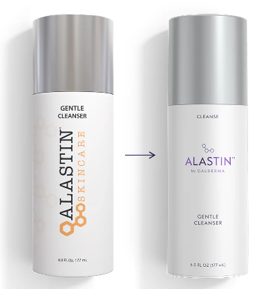 Bottle of Alastin Skincare gentle cleanser with an arrow pointing to Alasin by Galderma gentle cleanser