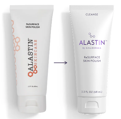 Two bottles placed side by side with an arrow in between them. The first is Alasin Skin care and then second is Alasin by Galderma