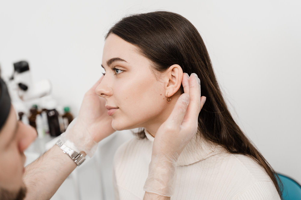A provider assesses the patient's skin and jawline before moving forward with masseter Botox in Carmel.