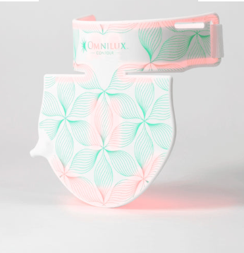 LED right light therapy mask lit up to show a red glow